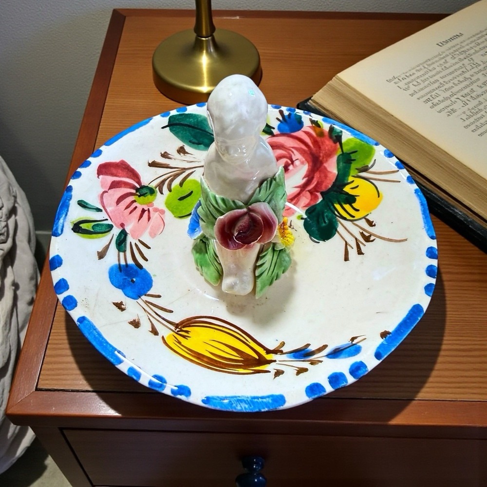 Vintage Italy Hand painted Ceramic Ring Dish Capodimonte Style Cherub Floral Sca